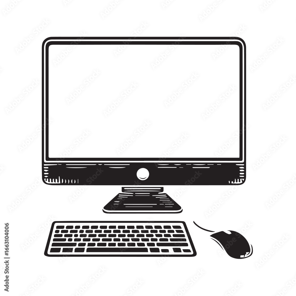 Fototapeta premium Desktop Monitor with Keyboard Vector Black and White