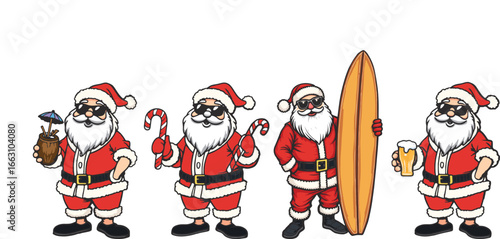 Four cool santas with sunglasses, surfboard, candy canes, and drinks, Best christmas vector