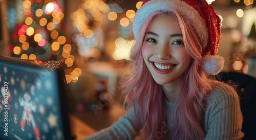 Christmassy office. Happy young asian female office worker with pink hair dressed as santa claus working at computer with business team at xmas holiday period. Festive inclusive workplace