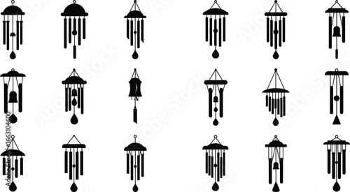 Collection of wind chime silhouettes, decorative outdoor hanging bells, garden ornaments, relaxing sound instruments, home decor, nature, tranquility, peaceful ambiance.