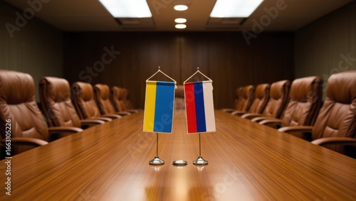 A Solemn Meeting Space with Ukrainian and Russian Flags Displayed, Symbolizing Diplomatic Talks Amidst Ongoing Tensions and Negotiations for Peace