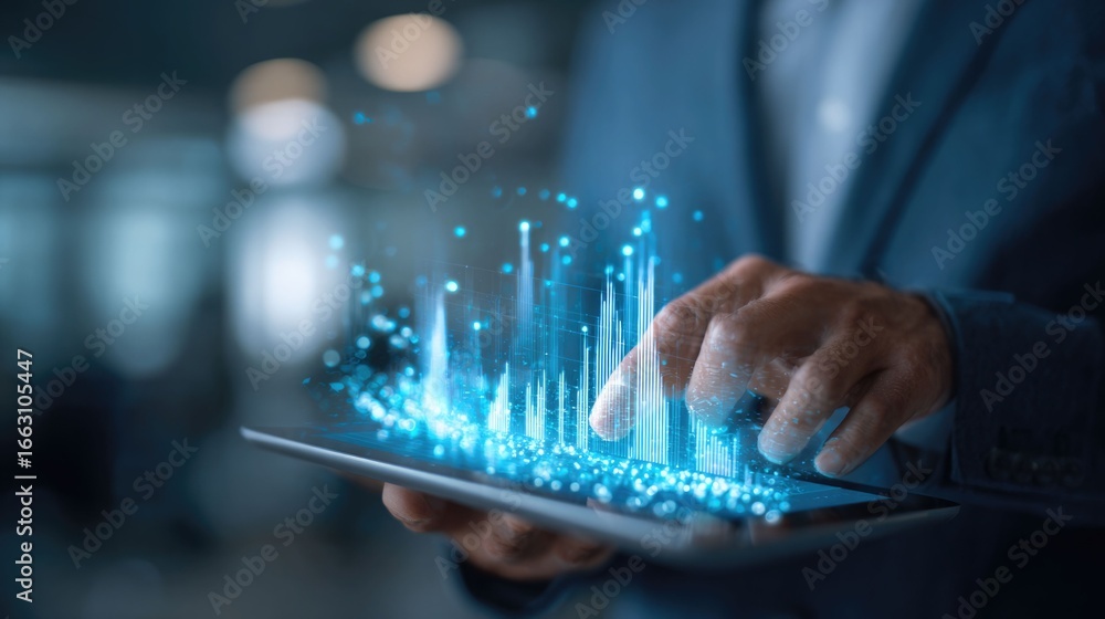 Fototapeta premium Businessman analyzing digital data charts on tablet, futuristic business technology concept