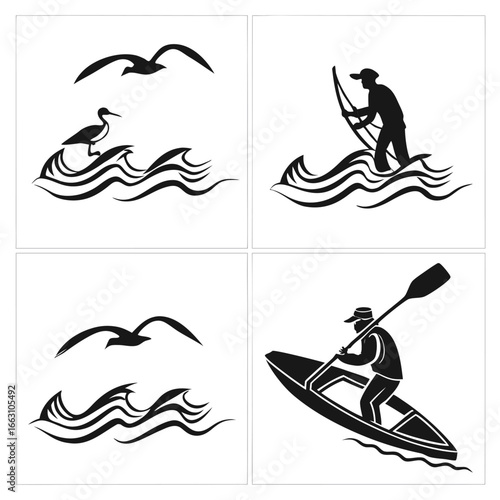 Birds and water sports silhouettes seagulls heron