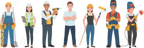 Diverse cartoon construction workers with tools and safety gear, male and female tradespeople in uniform, builder, engineer, painter, welder.
