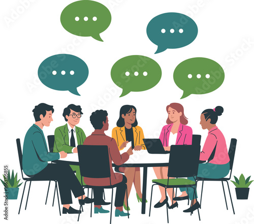 Diverse business team brainstorming at table with speech bubbles, collaboration and communication concept, flat vector illustration.