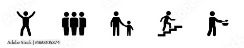 Stick figure icons showing celebration group parent child stairs eating vector