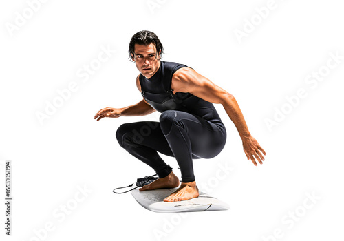 Coastal Carver: A physically fit individual, donned in athletic attire, confidently rides a hydrofoil, showcasing their prowess in watersports against a vibrant, dynamic backdrop. 