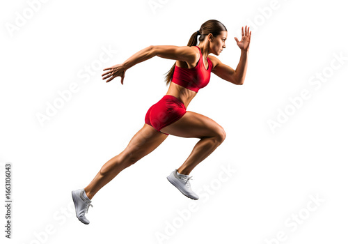 Dynamic Sprint: A female athlete in vibrant red athletic apparel bursts into action, captured mid-stride in a powerful display of athleticism and determination, symbolizing strength, speed.