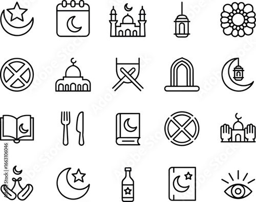 Set of Islamic icons, mosque, crescent moon, star, prayer hands, Quran, Ramadan calendar, lantern, fasting symbols, halal food, vector collection.