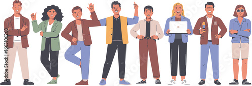Diverse creative professionals team standing in casual modern outfits, happy office workers group illustration, smiling business people vector.