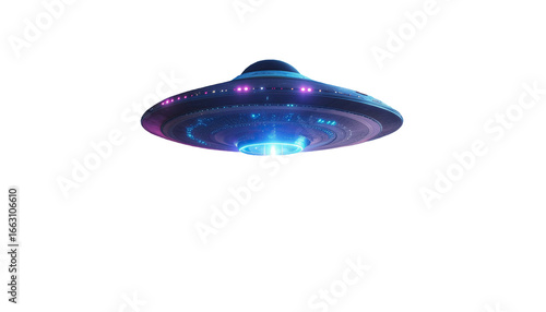 Fototapeta Naklejka Na Ścianę i Meble -  Glowing UFO spaceship with neon blue and purple lights isolated on white background