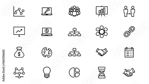 Collection of business and finance related icons in black and white style
