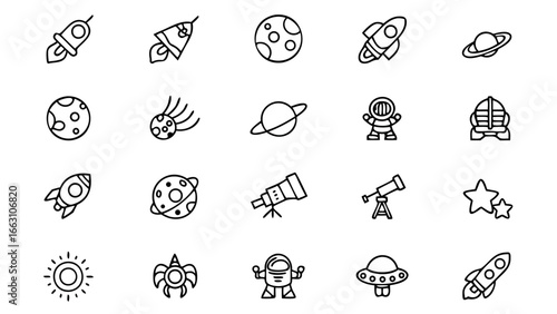 Collection of space exploration themed icons in outline style format
