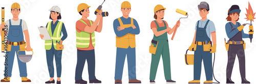 Eight construction workers in safety gear holding tools, diverse team of builders and contractors, construction site teamwork and labor concept.