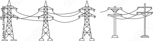 Electric power transmission towers and utility poles illustration, high voltage lines, energy infrastructure, grid system concept, black and white design