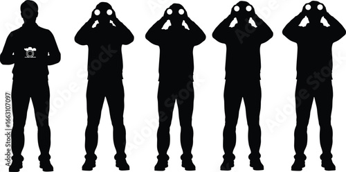Camera and binoculars silhouette set, people observing, photographing, standing poses, side view, wildlife watching, tourism, event scene, vector illustration