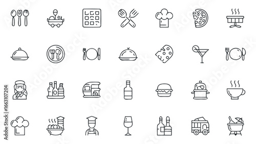 Assortment of culinary and hospitality themed line icons in rows and columns