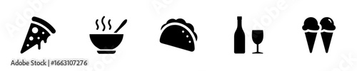 Icons pizza taco soup wine bottle glass ice cream cones vector