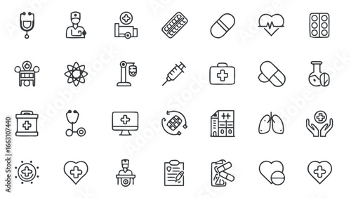 Illustration of various medical icons including equipment and supplies