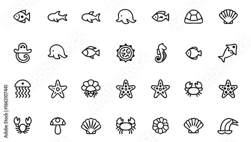 Collection of various marine life icons including fish and shellfish