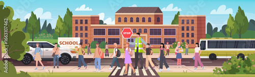 A man in a reflective vest holds a stop sign near an elementary school, helping children safely cross busy streets. Back to school concept. Vector Not AI generated