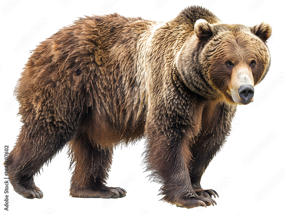 Fototapeta premium Clean macro photograph featuring Brown grizzly animal wildlife mammal carnivore nature wild outdoors isolated on transparent background, studio product photo on a clean white background, isolated, pin