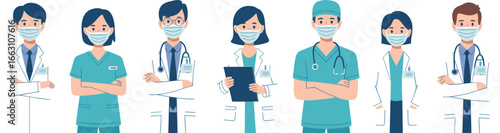 Flat illustration of doctors and nurses wearing medical masks, diverse healthcare professionals in uniform, cartoon medical team concept vector.