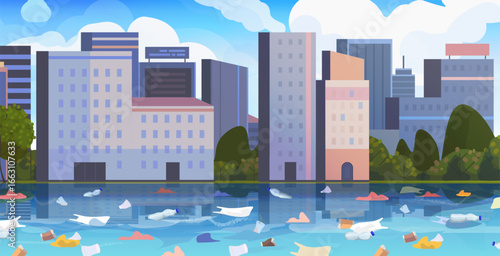 Cityscape overlooking polluted waters filled with plastic trash. Vector Not AI generated