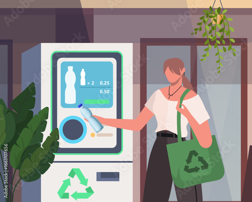 Environmentally aware woman using bottle recycling machine. Plastic recycling and reuse. Vector illustration Not AI generated