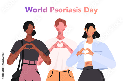 A diverse group of individuals with skin diseases stands together, forming a heart shape with their hands to raise awareness on World Psoriasis Day. Vector Not AI generated