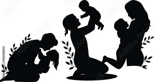 Silhouette of family love, parenting moments, mother and father bonding with baby, happy child care, emotional parenting, nature background