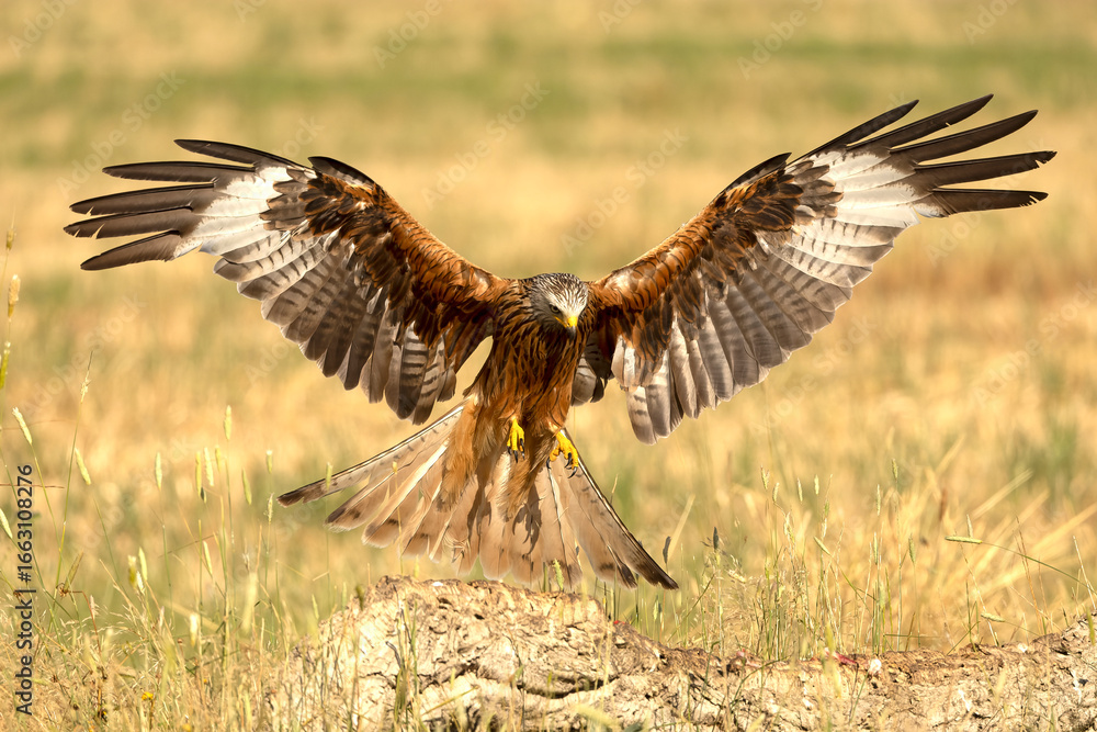 Fototapeta premium Red kite flying within its territory in late spring on a sunny day