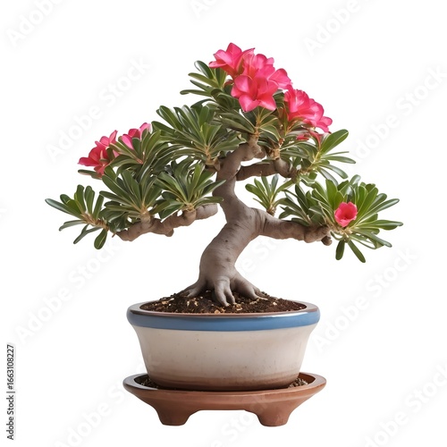 Bonsai tree with twisted trunk, exposed roots, and pink desert rose flowers in shallow ceramic pot with white gravel on white background