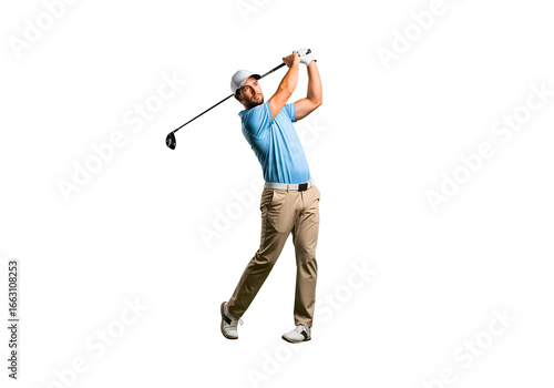 Drive for Glory: A golfer, fully focused, executes a powerful swing, showcasing precision and athleticism against a clear background. Capturing the spirit of determination and sport.