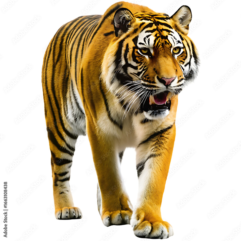 Fototapeta premium Fierce Bengal Tiger Stalking Forward with Mouth Agap on Background big cat isolated on a transparent background