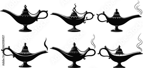 Genie lamp silhouette set, mystical magic object, ornate design variations, smoke effect, fantasy wish symbol, decorative antique vector illustration