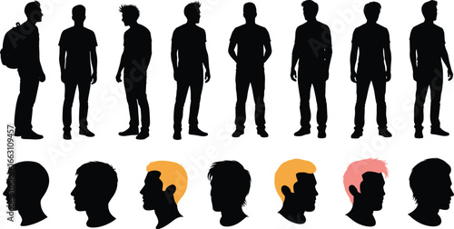 Male silhouette set, standing figure poses, head profile variations, hairstyle diversity, fashion style study, posture design, character reference vector illustration