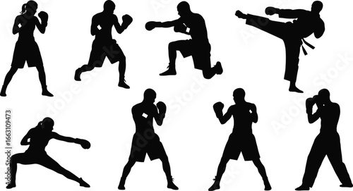 Martial arts silhouette set, boxing poses, punches, kicks, stances, combat sport, fighting techniques, training, self‑defense, action scene, vector illustration