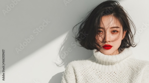 Charming asian woman with red lipstick posing in a cozy winter sweater