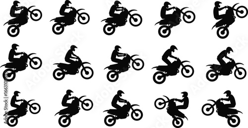 Motorcycle stunt rider silhouette set, extreme sports biker tricks, wheelie jump balance, motocross freestyle action poses, helmet safety illustration design