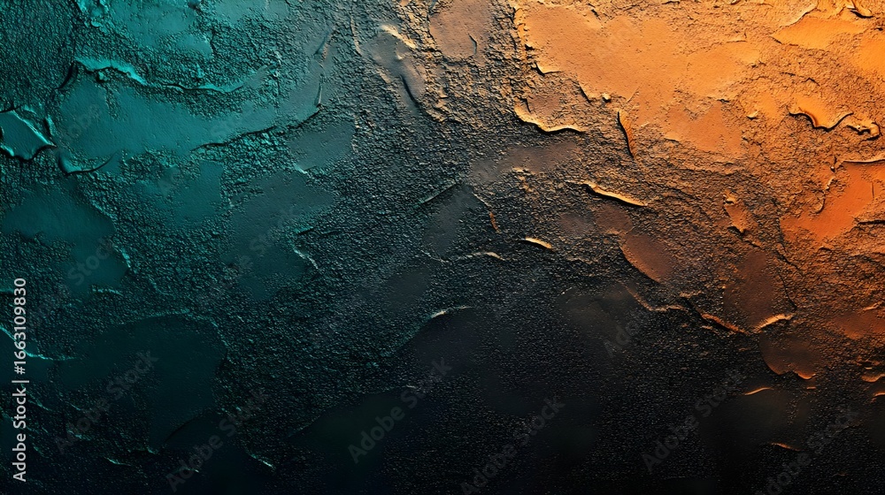 Naklejka premium Abstract background texture featuring contrasting teal blue and warm orange paint brushed unevenly onto a dark canvas surface creating artistic gritty design