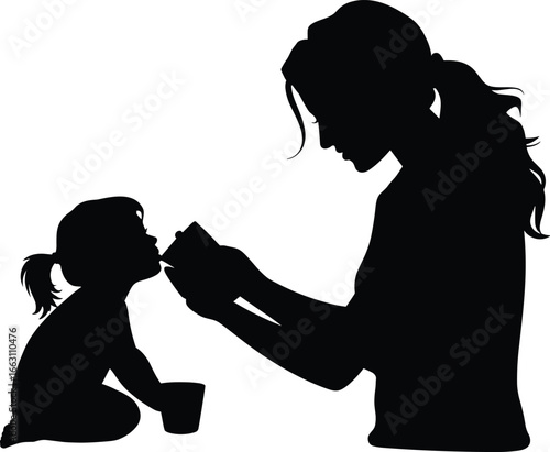 Silhouette of mother feeding daughter with bottle, parenting care, nurturing toddler, maternal love, family bonding, early childhood development