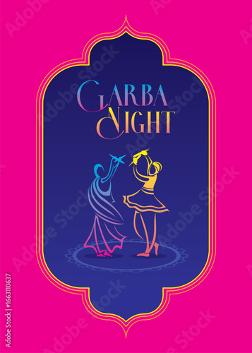 creative Navratri Graba Night poster design, Indian couple playing Garba.
