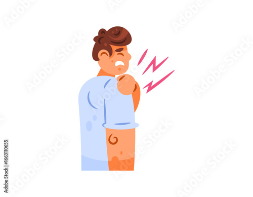 An illustration of a man feeling pain in his shoulder. holding the shoulder. Pain in the shoulder joint. Injury, inflammation, arthritis, medical problems. Gestures and expressions. Flat style 