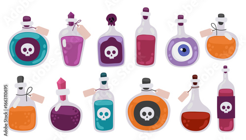 Halloween potion bottle collection. Glass bottles with purple, orange, pink and blue poisons, potions, elixirs. 
