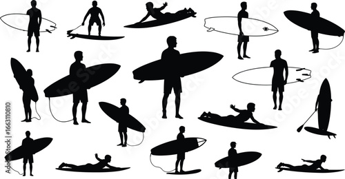 Surfer silhouette set, surfing poses, standing, paddling, lying, carrying board, water sport action, beach lifestyle, ocean wave vector illustration