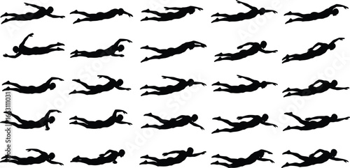 Swimming silhouette collection, swimmer stroke sequence, freestyle, breaststroke, butterfly, crawl, water sport training, aquatic motion study, fitness vector illustration design
