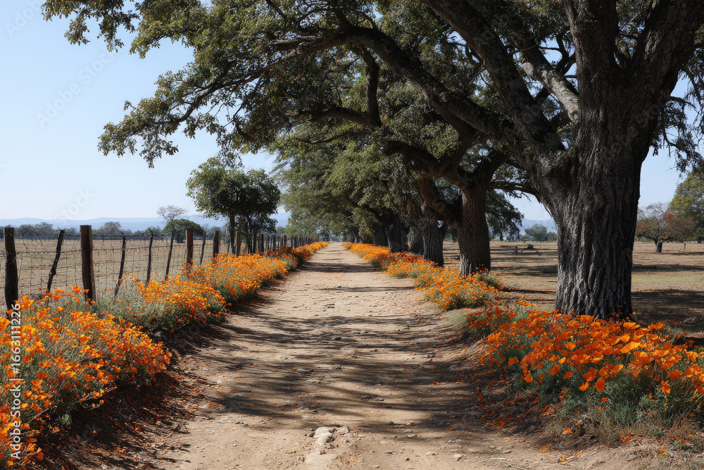 Naklejka premium broad dirt road leads into distance surrounded by colorful wildflowers on either side