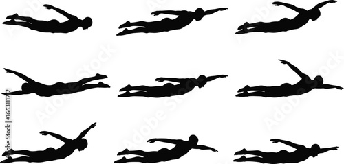Swimming silhouette set, freestyle stroke sequence, swimmer poses, motion stages, sports action, fitness training, technique study, aquatic sport, vector illustration