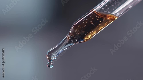 Cosmetics transparent liquid dripping from laboratory glass pipette in super slow motion. Macro shot of drop hanging down from chemical dropper. Abstract body care serum ingredients concept